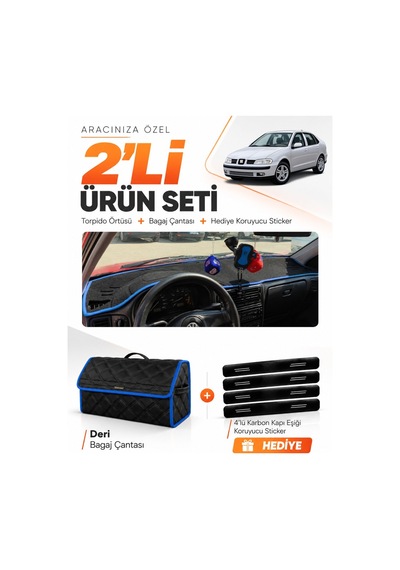 E-biz Seat Cordoba 1998-2001 Uyumlu Torpido Örtüsü + Deri Bagaj Çantası Seti - Siyah-mavi - Se002