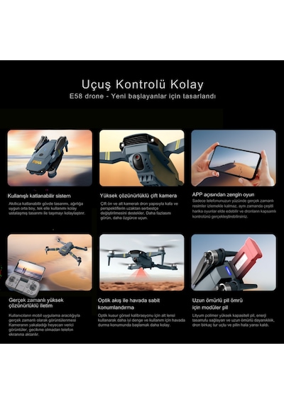 Piha E58 DRONE Yeni Fırçasız Motor 2 Batarya İle 30 DK Uçuş Süresi Hd 720p Çift Kameralı Taşıma Çantalı