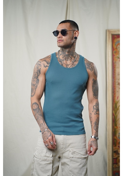 Slim Fit Kaşkorseli Esnek Düz Erkek Sporcu Atlet Petrol