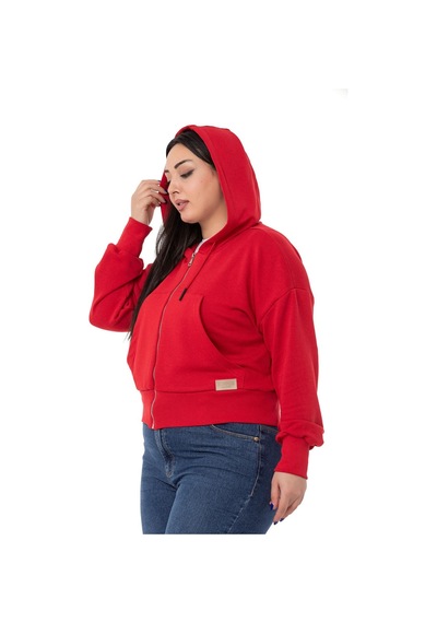 Büyük Beden Kanguru Cepli Kapüşonlu Üç İplik Kırmızı Sweatshirt-kırmızı Kırmızı