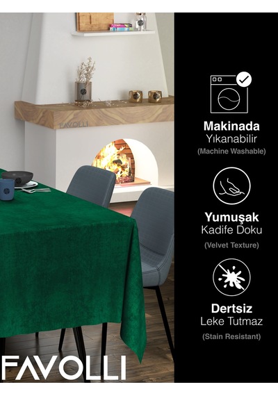 Kadife Dokulu Zümrüt Masa Örtüsü Zümrüt