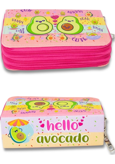 Kalem Kutusu Avocado Kawaii Desen Orginazer Üç Bölmeli Vegan Deri