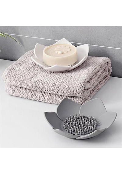 Lotus Desenli Sabun Ve Sünger Tutacağı Silikon Gri Su Giderli Lotus Şekilli Şık Katı Sabunluk Diğer