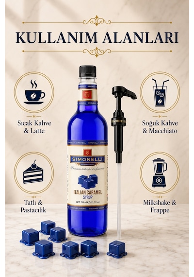 Simonelli İtalyan Karamel Aromalı Kahve ve Tatlı Şurubu 700 ML + Şurup Pompası - Latte Frappe Sıcak Soğuk Kahve Aromalandırıcı