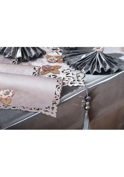 Afife Kadife Gümüş Füme Sofra Takımı 8 Kişilik 160x230 Cm 34 Prç. - 955 Çok Renkli
