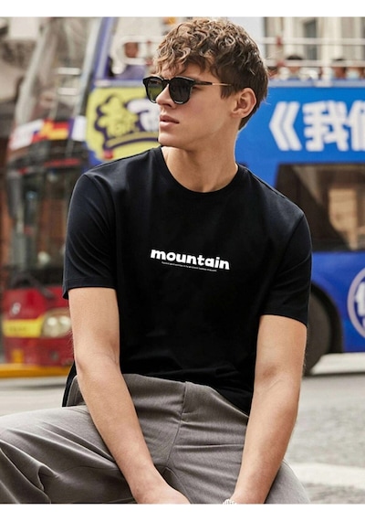 Erkek Siyah Oversize Mountain Baskılı T-shirt Siyah-68414