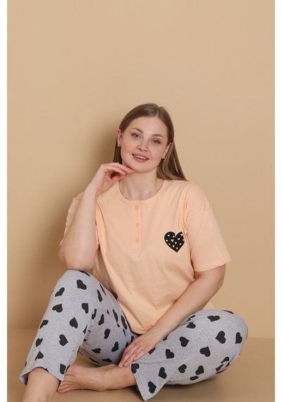 Wordex Mirano 4515 Kalpli Kısa Kollu Pamuklu Penye Büyük Beden Kadın Pijama Takımı Somon