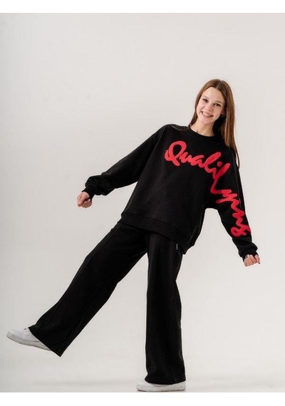 Kız Çocuk Quality Yazılı Pamuklu Sweatshirt-14780 Siyah