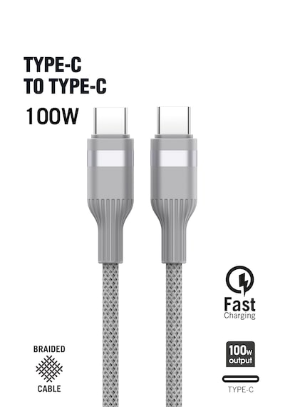 Type-c Type-c 100 W Örgü Data Ve Şarj Kablosu 2m Gri