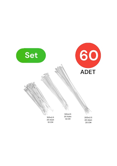 Tek-iş Plastik Kablo Bağı Klipsi Cırt Kelepçe Set 100-150-250 X 2.5 Mm Beyaz 20 X 3 60 Adet