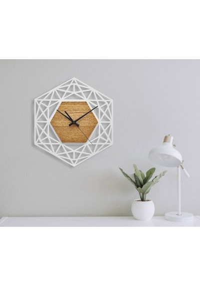 Ahşap Geometrik Desenli Altıgen Model Duvar Saati