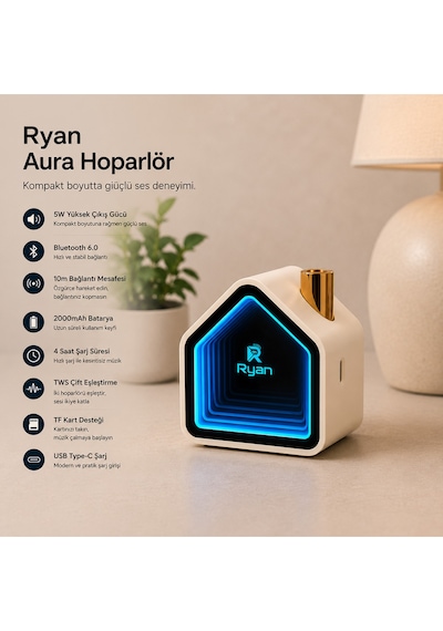 Aura Bluetooth Hoparlör Infinity Ayna Led Işıklı Tws Çift Eşleştirme Bluetooth 6.0 2000mah Şarjlı Taşınabilir Hoparlör Ry-neo1