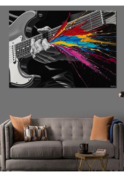 Ahşap Tablo Gitardan Çıkan Renkli Boya Patlaması