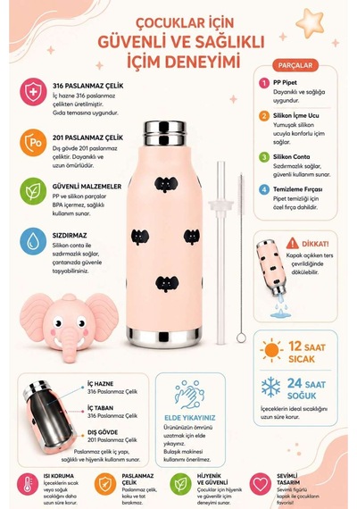 Koı Pembe Fil 500 Ml Paslanmaz Çelik-pipetli Çocuk Termosu Ve Suluk Pembe Pembe