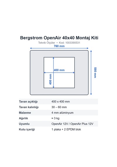 Bergstrom Openair 40x40 Tavan Klima Montaj Kiti - 4 Mm Alüminyum Adaptör Plakası 1003390531