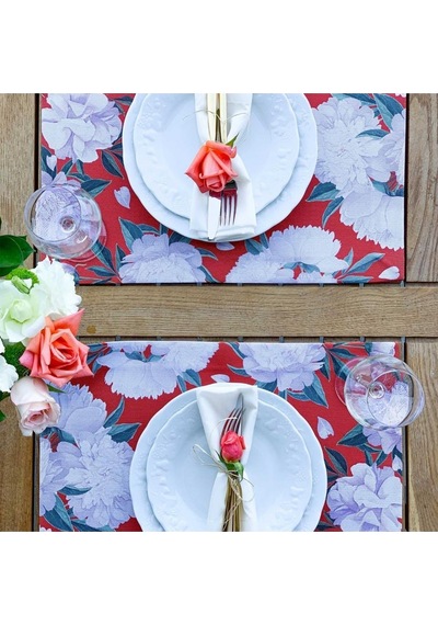 Red - White Rose Kumaş Amerikan Servis 4'lü Set - Keten Kumaş Ulusl. Yıkama Ve Solmama Sertifikası Çok Renkli