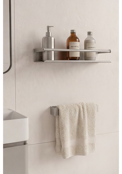 Zift Unique Paslanmaz Çelik Yapışkanlı Duş Rafı Ve Havluluk Set, Havlu Askısı Ve Banyo Raf Inox
