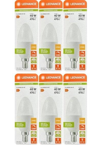 6 Adet Ledvance 4,9w Sarı Işık 2700k E14 Duylu İnce Duy Led Ampul