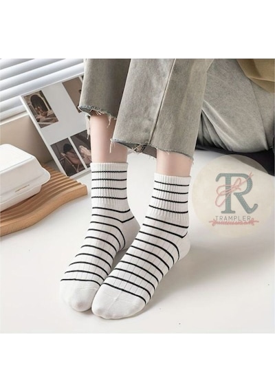 Trampler Sade Çizgili Benekli Unisex Çorap Soket 5 Çift Beyaz Siyah Beyaz