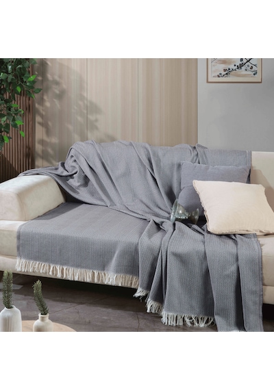 170 210 Cm Pamuklu Önden Saçaklı 170x210 Koltuk Örtüsü 2'li Paket Antrasit