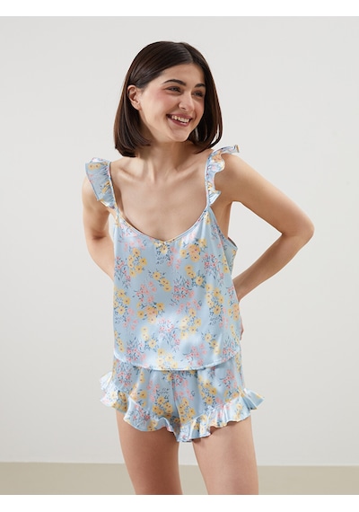 Lcw Dream Mavi V Yaka Saten Kadın Şortlu Pijama Takımı