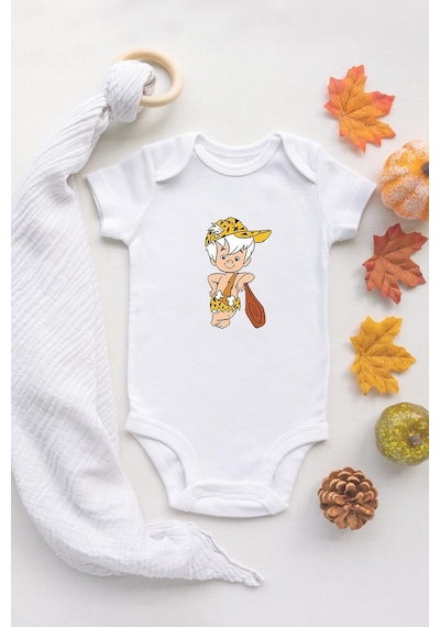 Tuğba Baby The Flintstones Bam Bam Organik Baskılı %100 Pamuklu Beyaz Çıtçıtlı Body Zıbın Beyaz
