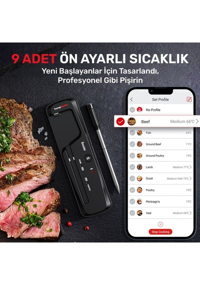 Thermopro Tp961 Şarjlı 150m Kablosuz Alarmlı 1problu Telefon Kontrollü Profesyonel Gıda Termometresi