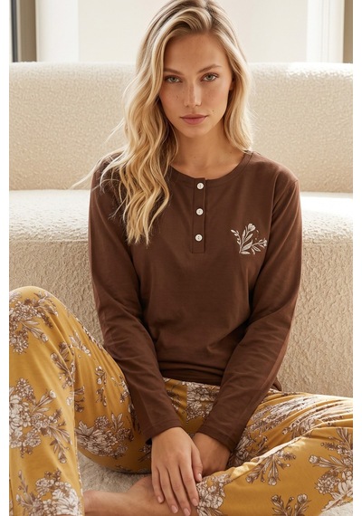 Siyah İnci Düğmeli Pamuklu Likralı Örme Pijama Takım26240362 Kahverengi