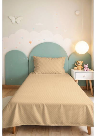 Bej Minimal Genç Odası Tek Kişilik Pike Takımı - Krem Geometrik 160x220 Cm Kapitone Yatak Örtüsü Puslu Papatya Harmonu