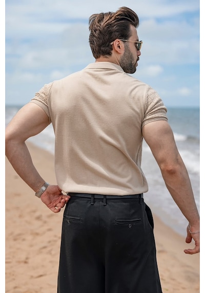 Madmext Taş Rengi Regular Fit Polo Yaka Triko Erkek Tişört E7503