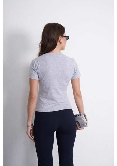 Crop Slim Fit Pamuk Likra Tişört-gri Melanj Gri Melanj