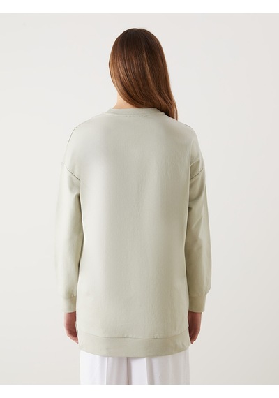 Lcw Modest Gri Bisiklet Yaka Nakışlı Oversize Kadın Sweatshirt Tunik