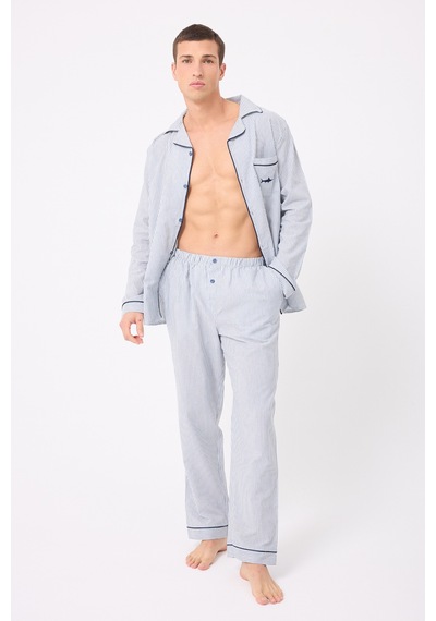 L'espadon Marısılk Seastrıpe Premium Dokuma Uzun Kollu Uzun Paçalı Erkek Pijama Takımı-3180 Mavi