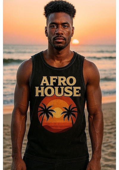 Technomonkey Siyah Erkek Pamuklu Vintage Sporcu Atleti Oversize Yıkamalı Afro House Baskılı Kolsuz T-shirt