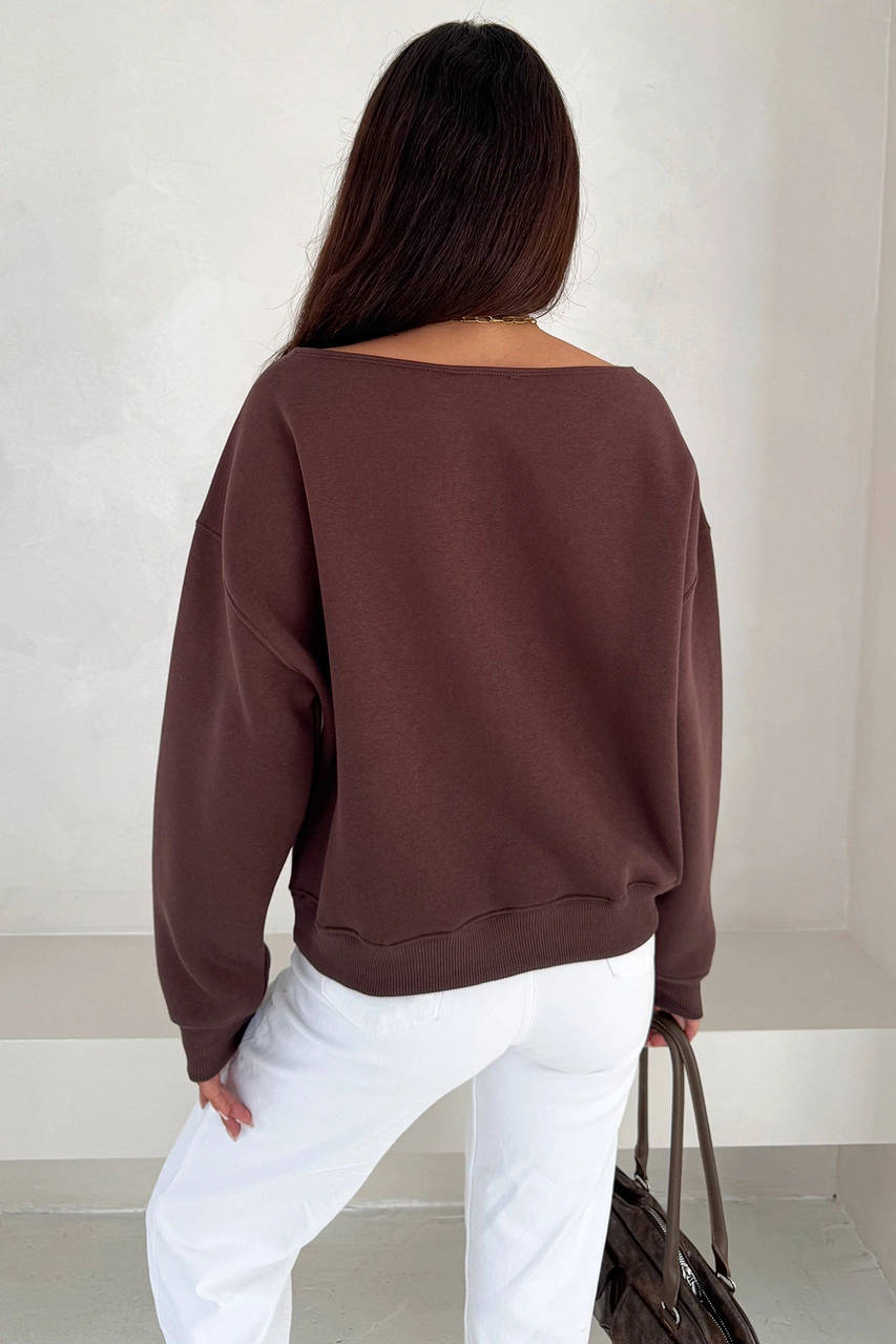 Noa & Noa Kadın Omuz Detaylı Polar Sweatshirt Rahat & Feminen Stil Kahverengi