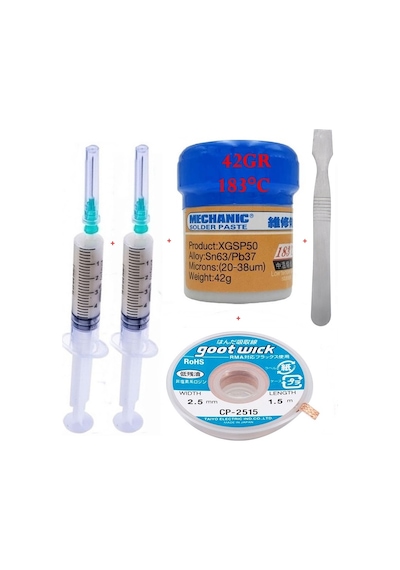Mechanic Krem Lehim Solder Paste 183 C 42g Lehim Toplama Cp-2515 Emme Teli 2,5mm Ve Metal Spatula Seti St03