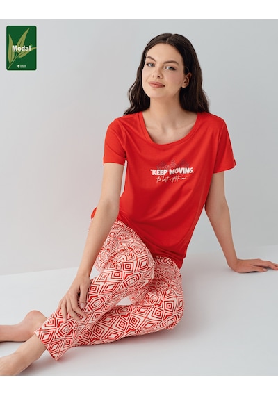 Arnetta 3611 Modal Pamuk Kısa Kol Cepli Kadın Pijama Takımı Kırmızı