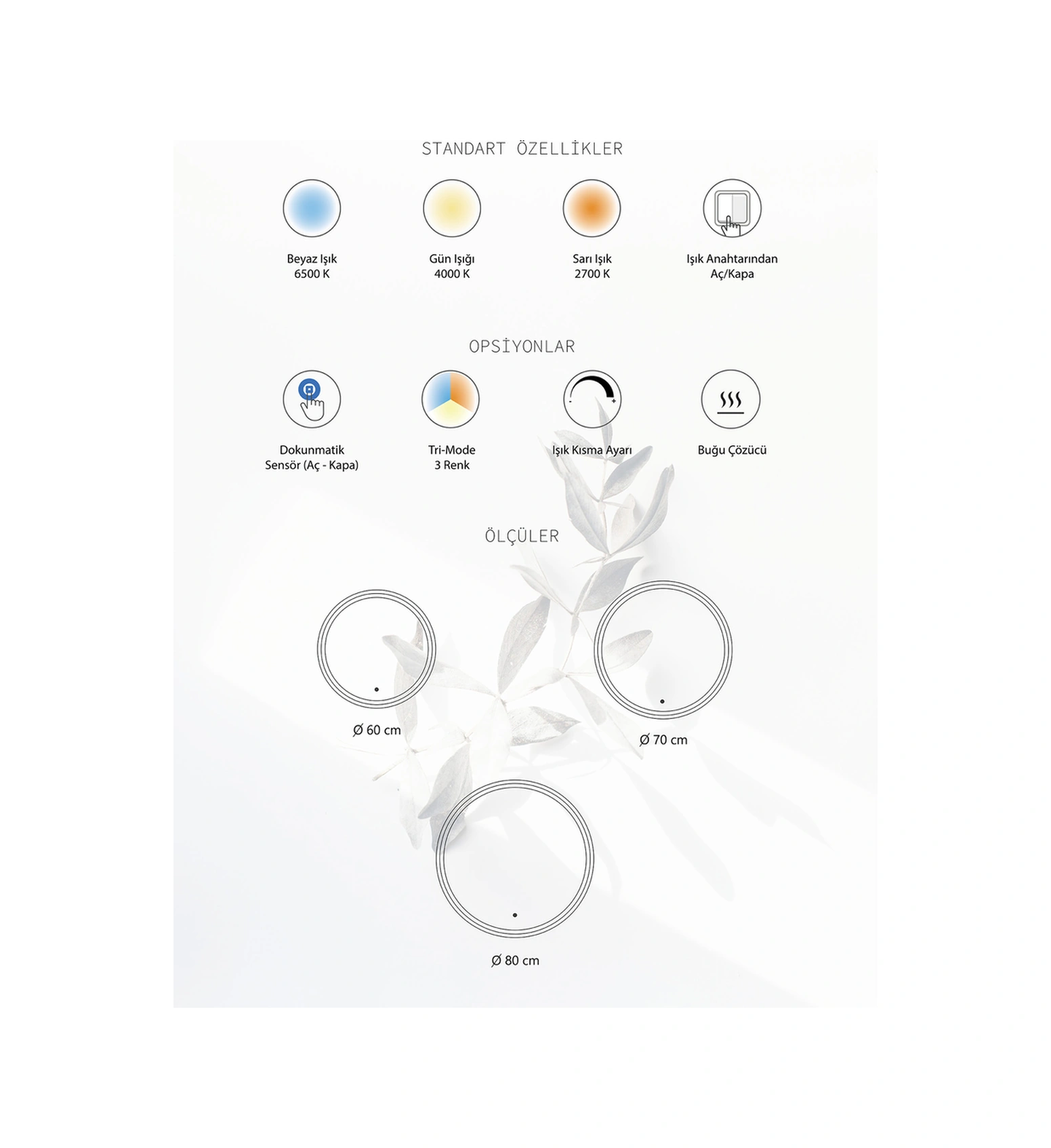 Albus Home - Terra Led Aydınlatmalı Ayna 50 X100- Tri-color + Dimmer + Defogger Renksiz