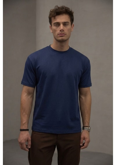 Bürke Lacivert Renk Standart Kalıp Basic Bisiklet Yaka T-shirt