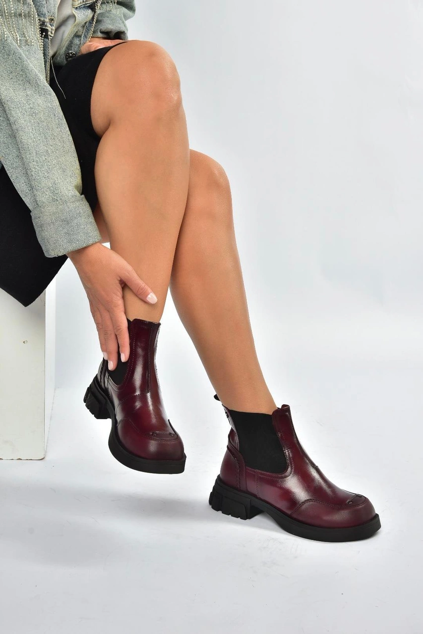 Fox Shoes V312402609 Bordo Kalın Tabanlı Lastik Detaylı Kadın Bot Bordo-suni Deri