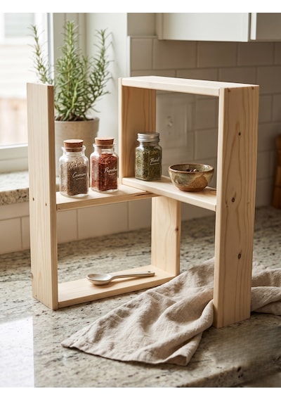 Nest Wood Doğal Ham Ahşap 2parça Modüler Baharatlık Rafı Mutfak Tezgah Üstü Düzenleyici Baharat Standı 45x65cm