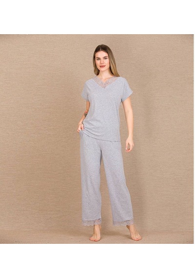 İkikareshop Viskon Şık Tasarım Dantel İşlemeli Gri Kısa Kol Pijama Takımı Çok Renkli