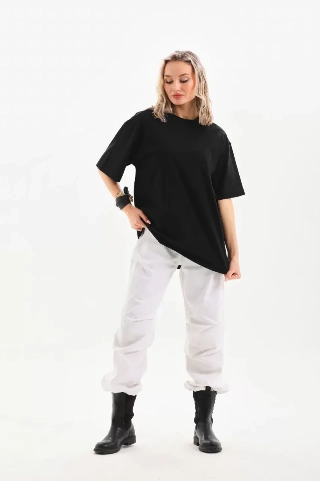 Dogutrend Unisex Bisiklet Yaka 20/1 Düz Oversize T-shirt - Siyah