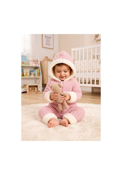 Chicsy Baby Tatlı Unisex Bebek Örgü Triko Tulum Welsoft Peluş Manşetli Kapüşonlu Fermuarlı Kışlık Bebek Kozmonot Tulumu Pembe