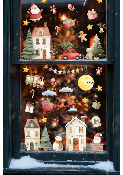 Yılbaşı Cam Sticker Seti 35+ Parça Büyük Boy Noel Pencere Süsleri Çıkart & Yapıştır Çocuk Odası Salon Vitrin Dijital Baskı