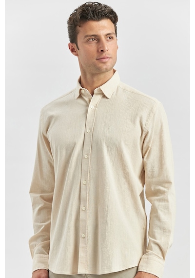 İmza Bej Uzun Kollu Gofreli Biyeli %100 Pamuk Casual Slim Fit Dar Kesim Gömlek 1004240247 Bej