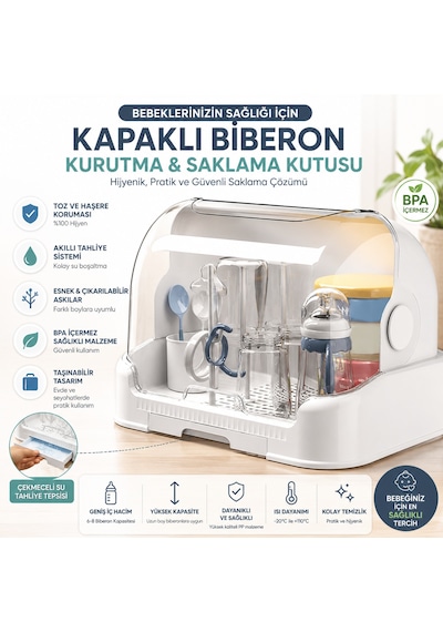 Kapaklı Bulaşıklık Biberon Kurutucu Ve Saklama Kutusu Toz Geçirmez Mutfak Bulaşık Kurutmalığı Çekmeceli Su Tahliyeli Çok Amaçlı Kurutma Rafı Beyaz