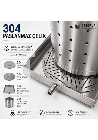 Çezgrup Prestij 22 Litre Full 304 Paslanmaz Çelik Üzüm Sıkma Presi 3 Ton Krikolu Profesyonel Seri