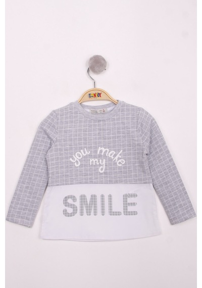 Toontoy Kids Toontoy Kız Çocuk Kareli Kumaşlı Smile Baskılı T-shirt Gri Melanj