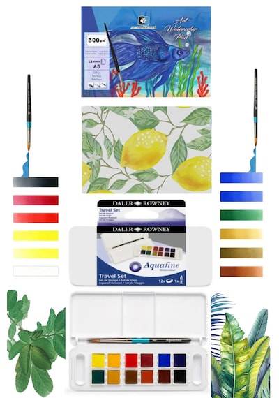 Alex Schoeller Art Suluboya Defteri 300gr A5 12 Yaprak Daler Rowney Aquafine Sulu Boya Seti 12'li Karışık
